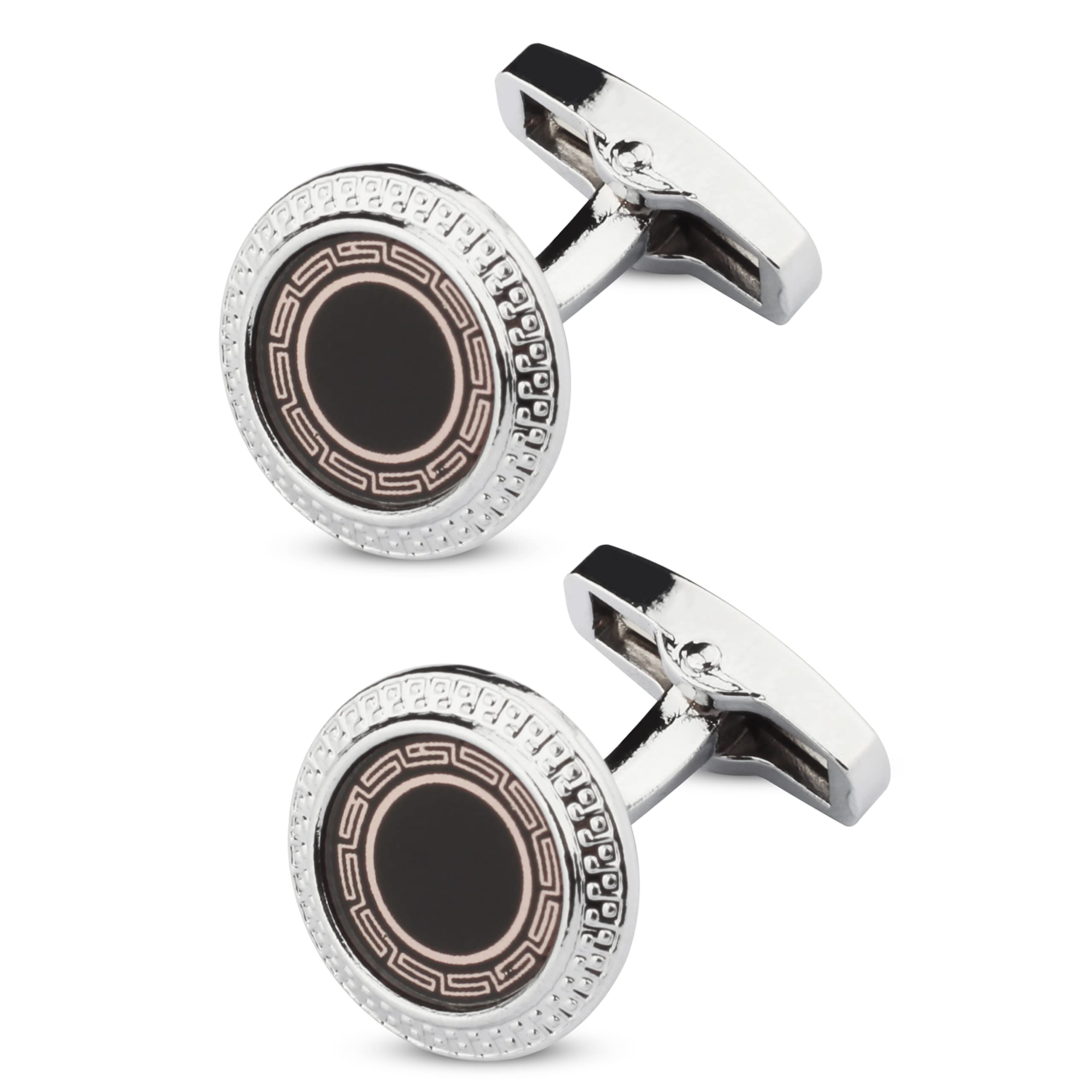 panjatan Circular Ghingham Pattern Silver Coloured Cufflinks for Men.-picture-0