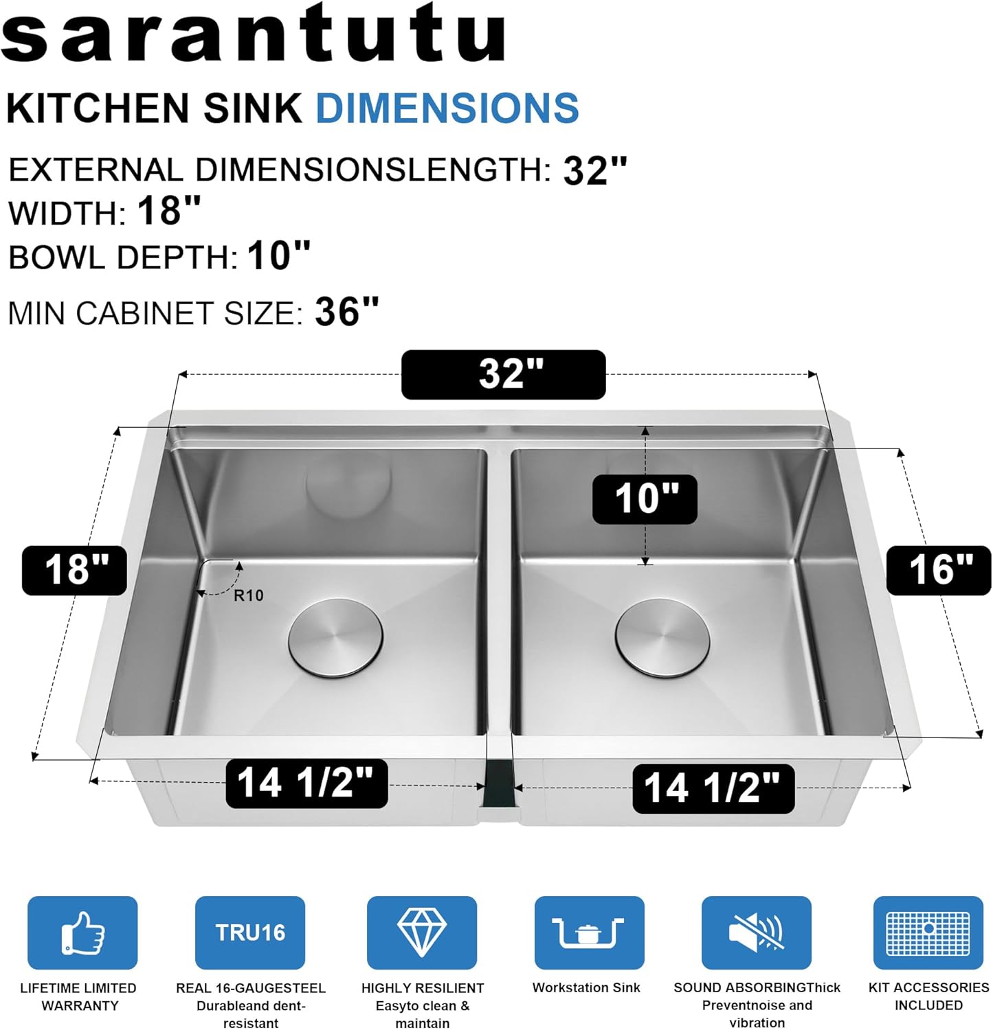 30" X 18" Undermount Kitchen Sink, 50/50 Double Bowl, 16-Gauge Stainless Steel, Brushed Finish, Large Volume with Accessories (Stainless Steel, 30" X 18" X 10")