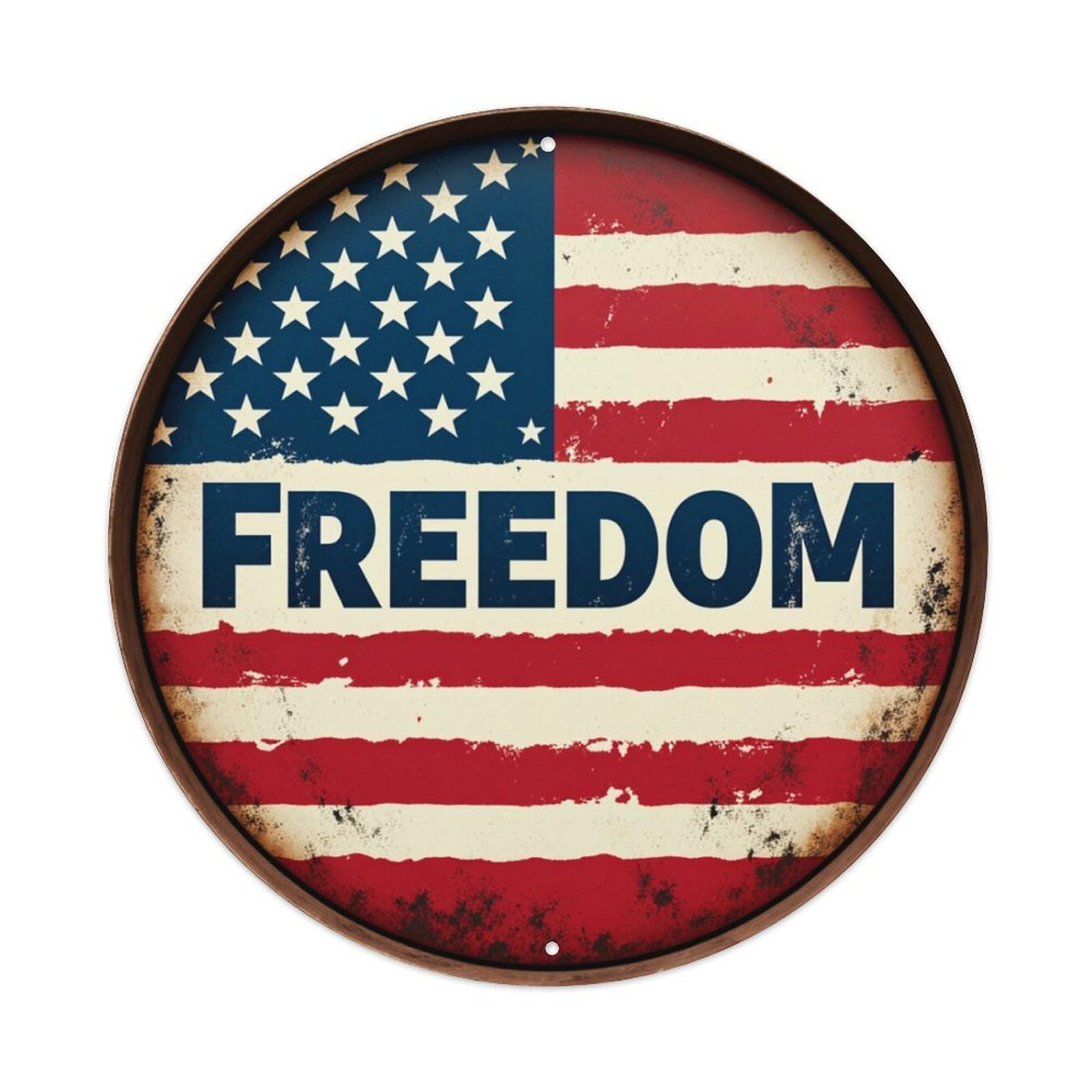 American Flag Freedom Design Round Tin Sign Vintage Metal Poster, Home Bar Garage Man Cave Cafe Indoor & Outdoor Wall Decoration 8x8Inches