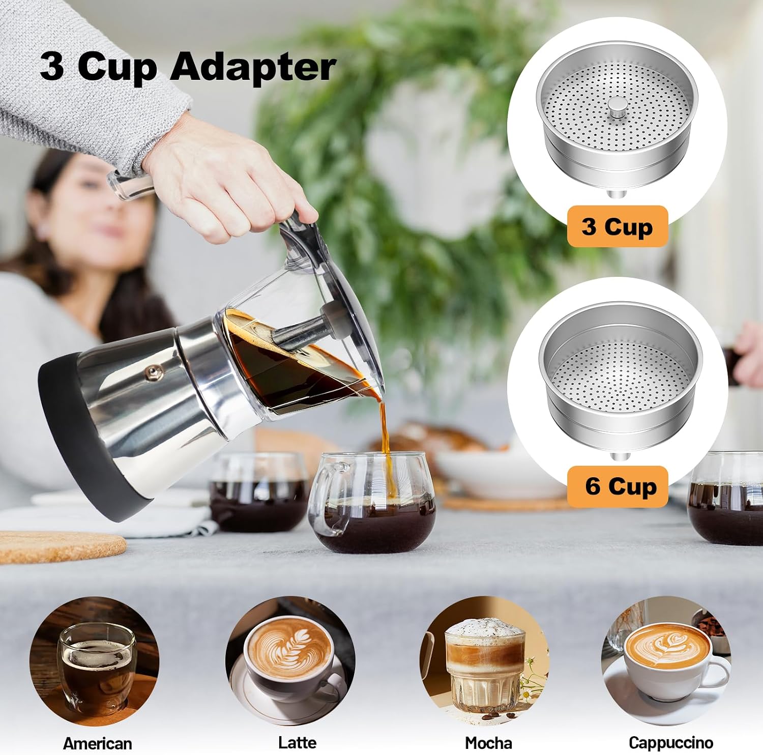 Electric Plastic Clear Moka Pot 3-6 Cup 150-300ml Stainless Steel Mocha Pot Espresso Maker with Detachable Base Ideal Coffee Maker for Home Italian and Cuban Café Coffeemaker Black