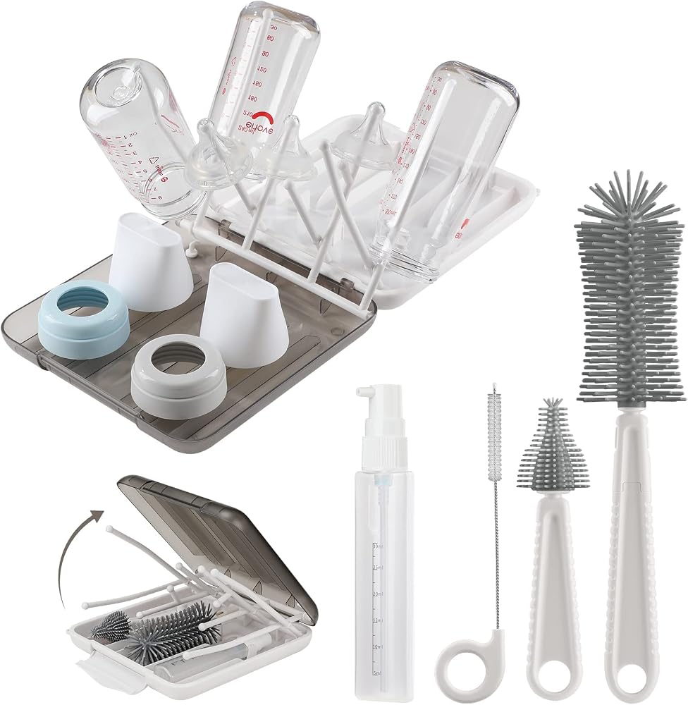 Baby Bottle Brush,6 in 1 Bottle Cleaner Set with Extendable Silicone Bottle Brush,Drying Rack,Nipple & Straw Brushes,Soap Dispenser & Organizer Case,Ideal Gifts for Babies& Moms