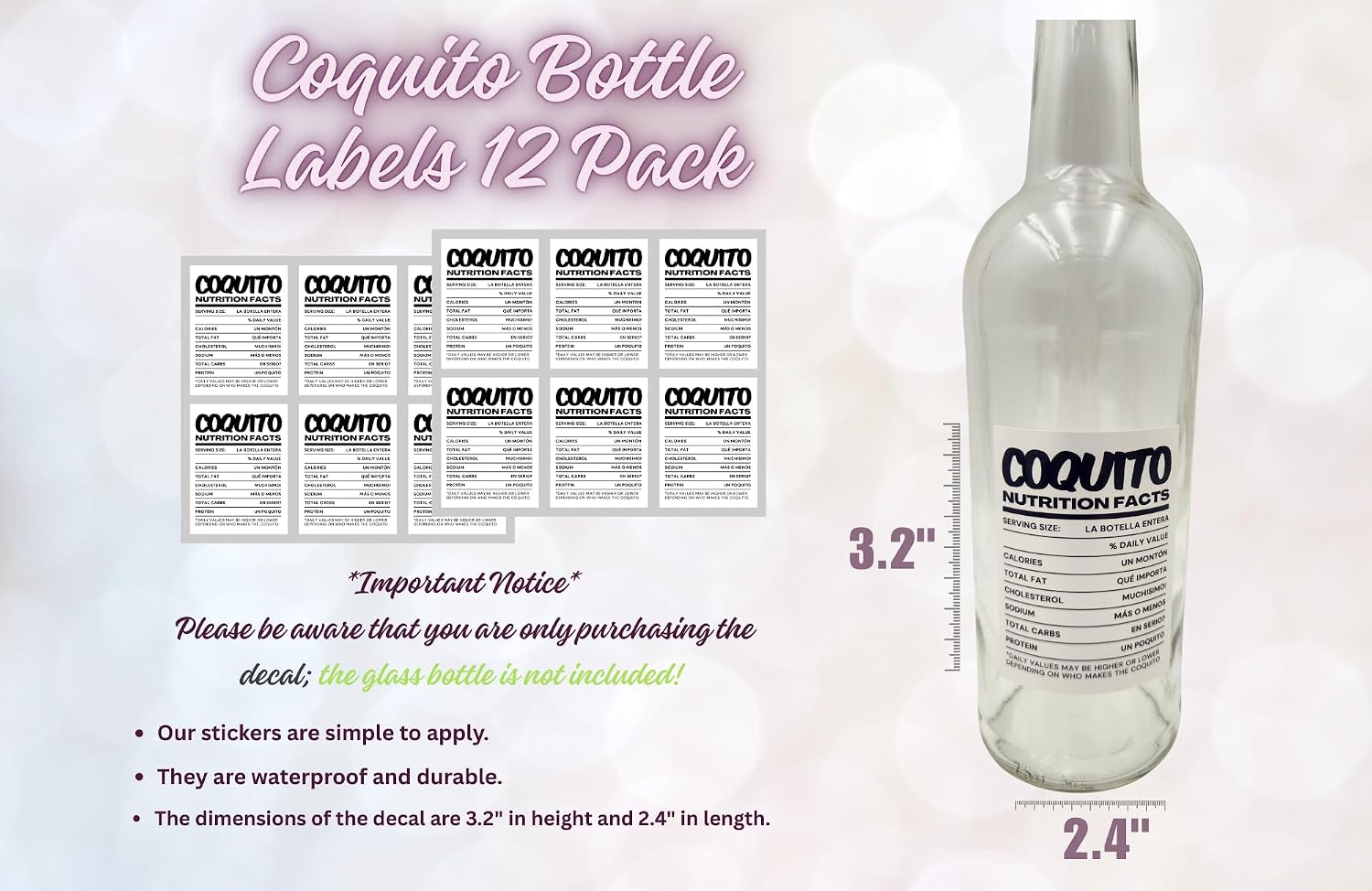Coquito Bottle Nutrition Facts Table Funny Coquito Bottle Labels, 12 Pack Waterproof Vinyl Puerto Rico Sticker Sheet