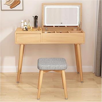 QYYZTQY Walnut Vanity Desk with Lights Folding Mirror Storage Drawers Stool Stylish 70cm Dressing Table for Makeup & Grooming