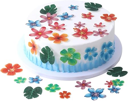64pcs السلحفاة الاستوائية الصالحة للأكل تترك الزهور الكيك أغطية THJ زهور النخيل الصالحة للأكل أغطية الكيك أوراق الرقاقة يترك زينة لغابة هاواي موضوع استحمام الطفل أطفال لوازم حفلات عيد ميلاد
