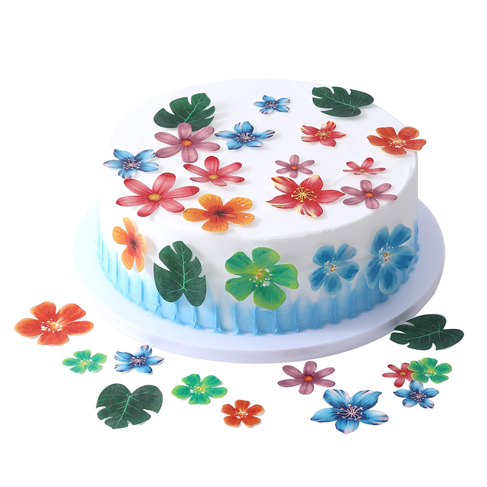 64pcs Edible Tropical Turtle Leaves Flowers Cake Toppers THJ Edible Palm Leaf Flowers Cupcake Toppers Wafer Paper Leaves Decorations for Jungle Hawaii Theme Baby Shower Kids Birthday Party Supplies