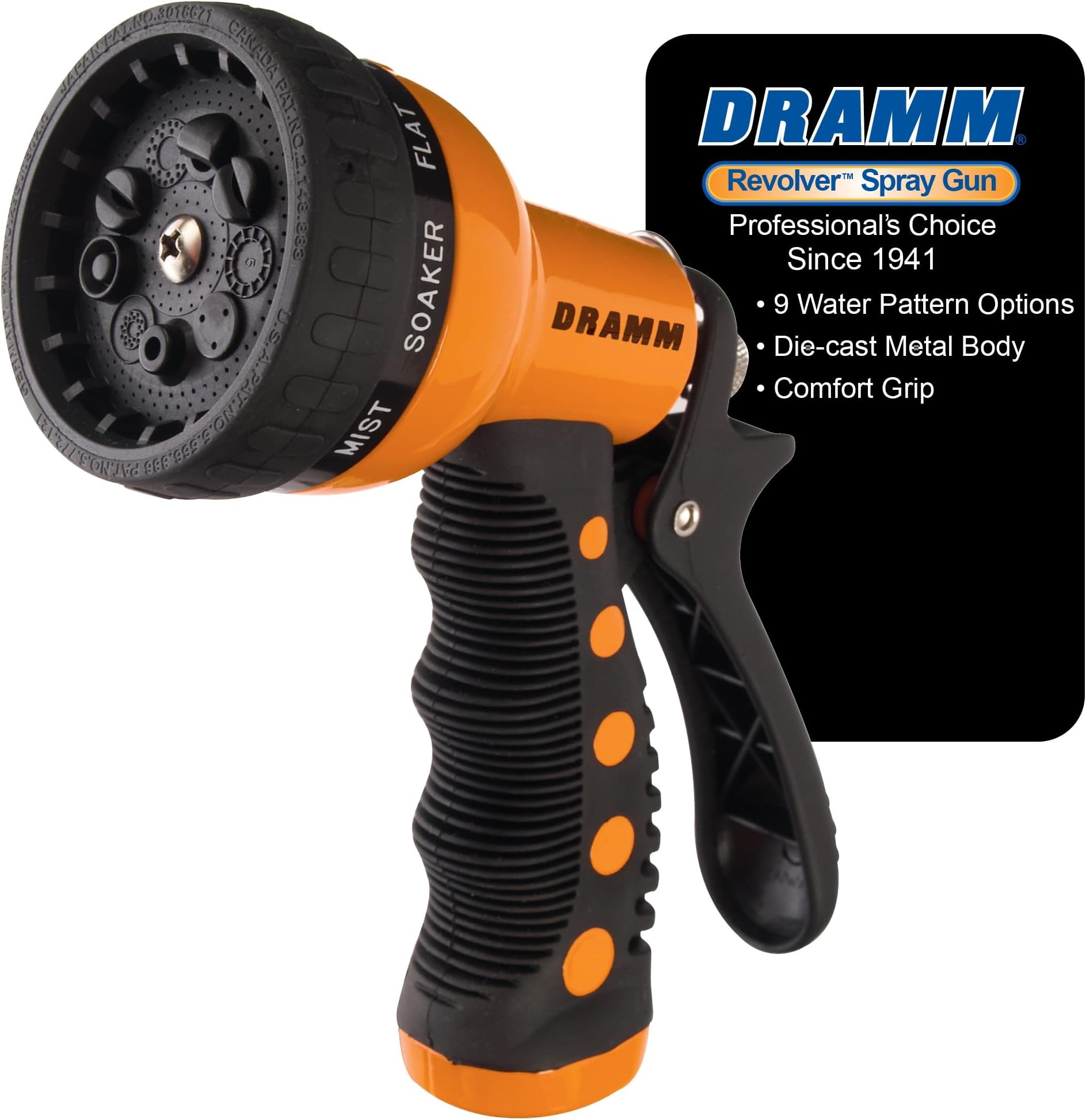 Revolver Heavy Duty Metal Garden Hose Nozzle – 9 Spray Patterns, High Pressure Jet, Thumb-Control Flow, Ergonomic Grip – Orange