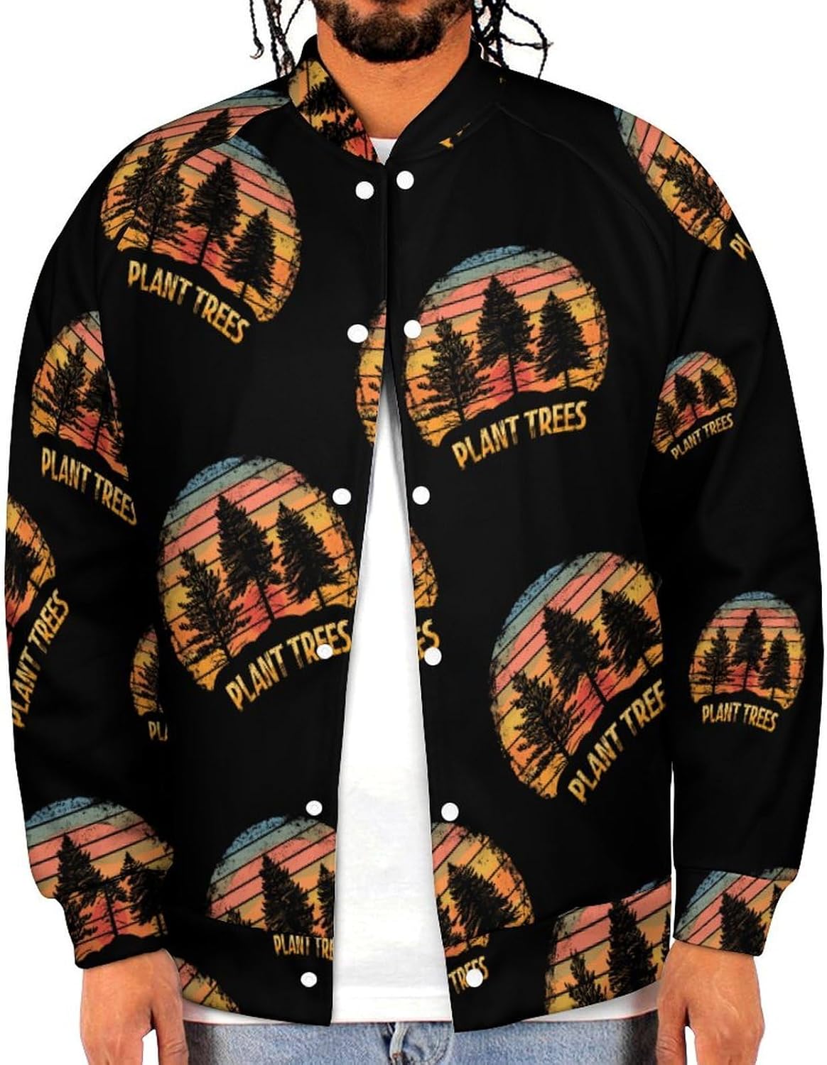 Vintage Sunset Plant Trees Novelty Men's Baseball Jackets Causal Sweatshirt Button Top Long Sleeve Coat