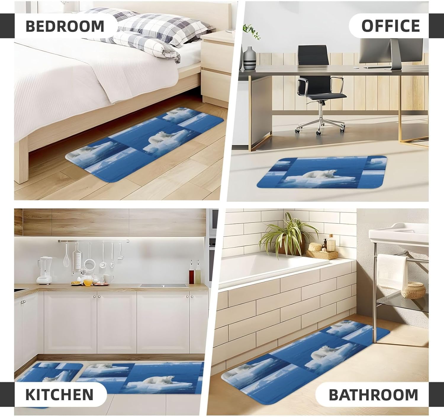 White Polar Bear on Ice Kitchen Rugs Set of 2, Cushioned Anti-Fatigue Kitchen Mats for Floor, Waterproof Comfort Standing Mat Absorbent Velvet Kitchen Runner Rugs 17"x30"+17"x47"