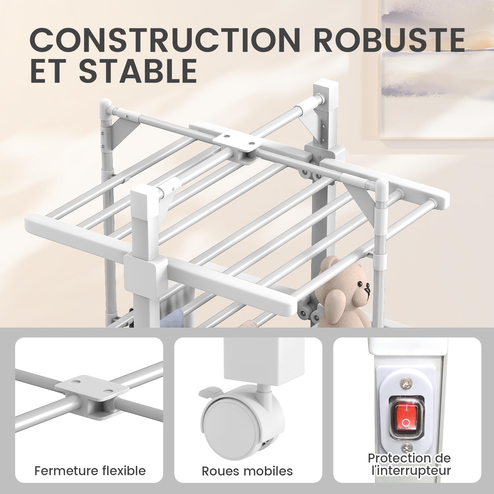 Innotic Séchoir à Linge Chauffant Pliable, Électrique, 230W, 24 Barres Chauffantes, 111x59x62 CM, avec Roues, Blanc