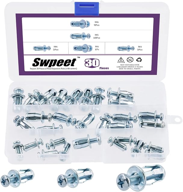Swpeet 30Pcs M4 M5 M6 Jack Nuts Petal Nuts Expansion Nut Thins Fixings Dowels with Screws Assembly for Hollow Wall Iron Skin Line Use in Thin Soft Wall (Assortment Kit)