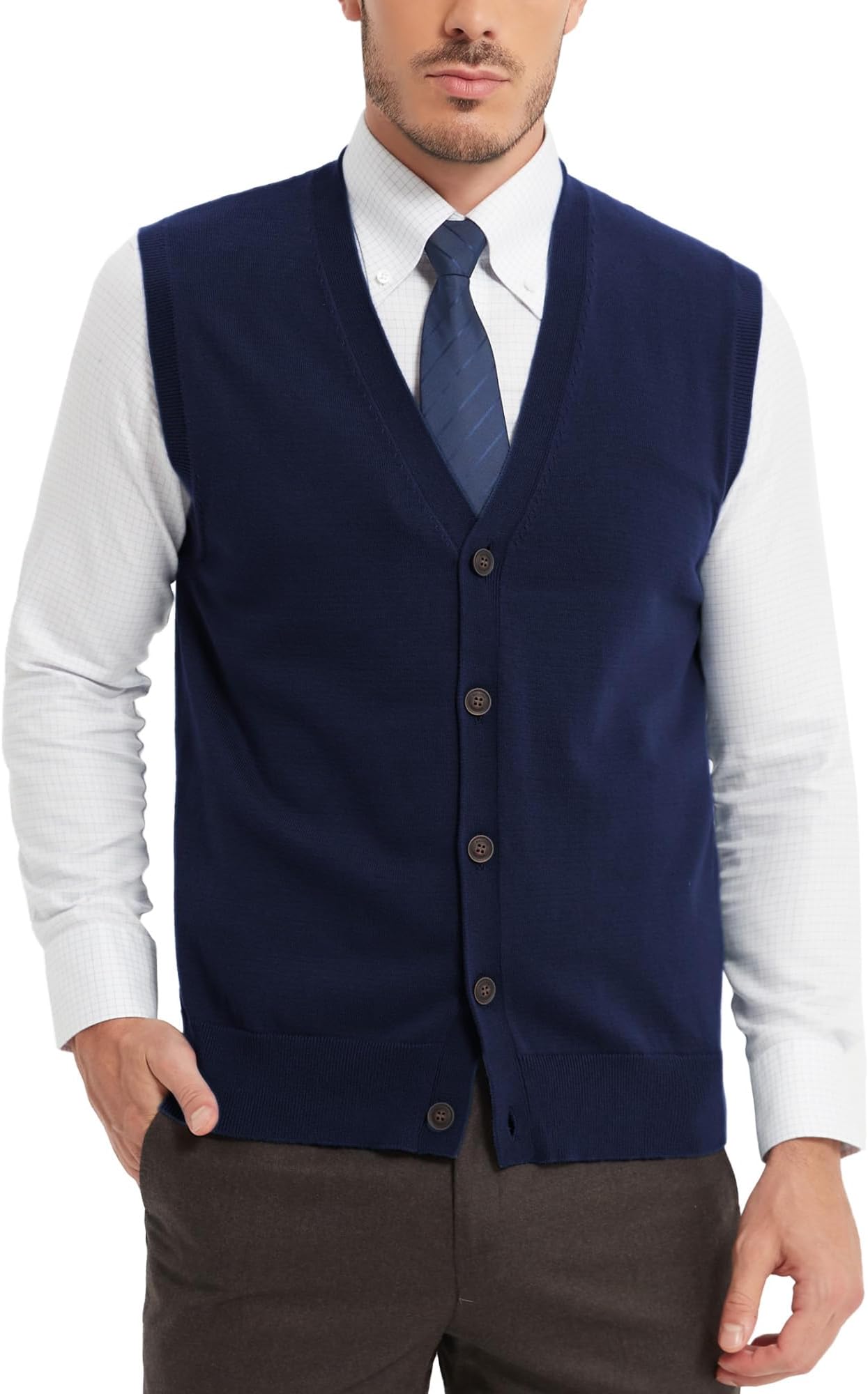 Men's 100% Cotton V-Neck Sleeveless Pullover Vest with Buttons Plain Casual Knitted Vest