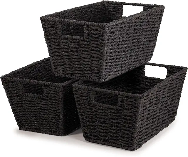 Black Woven Wicker Storage Basket - Organize Shelves with Style