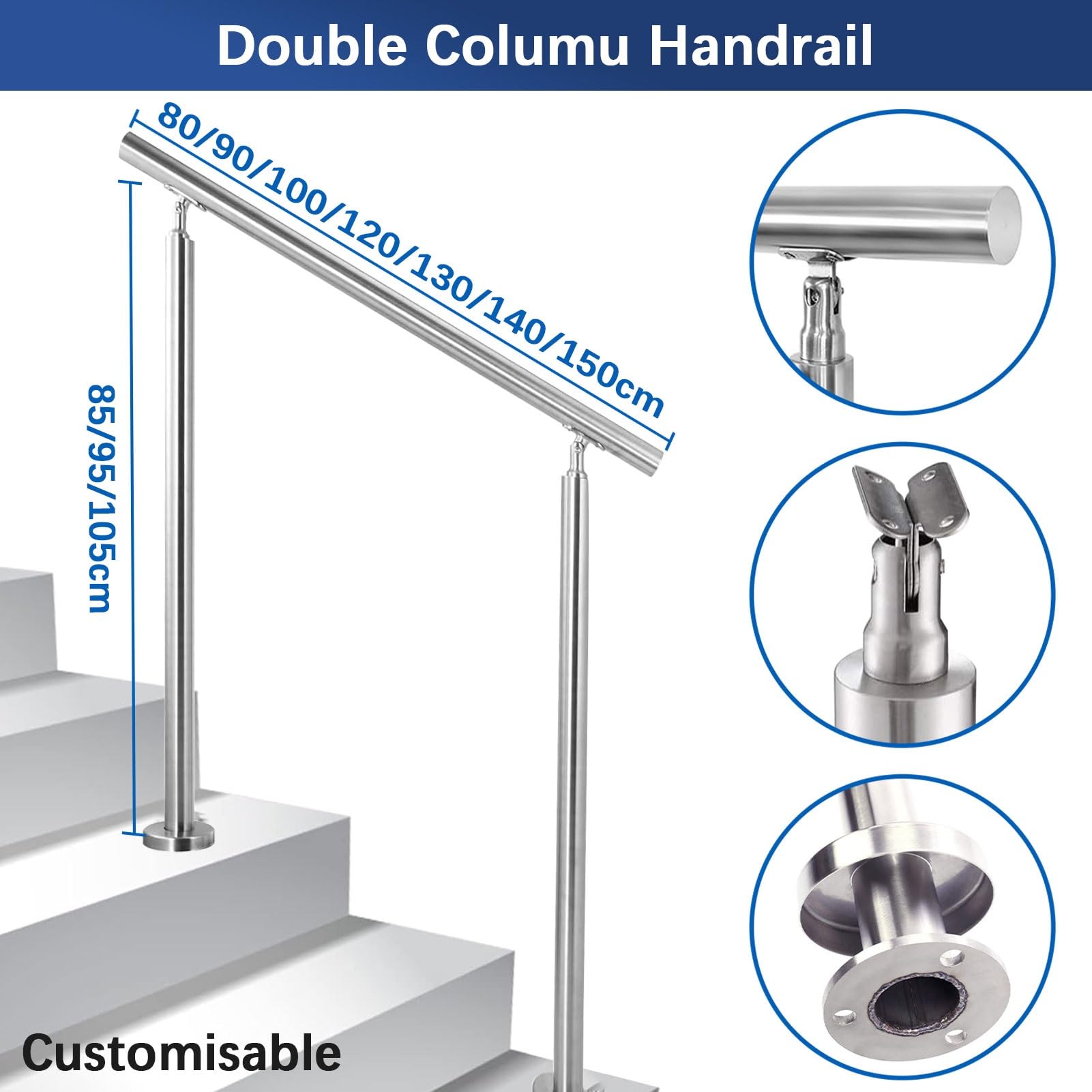 Barandilla de escalera para exteriores, barandilla de metal de acero inoxidable, pasamanos de transición flexible de 2 o 3 escalones para jardín, entrada de casa, pasamanos para escaleras de hormigón