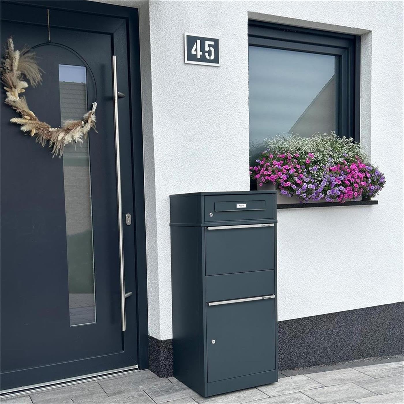 Metzler® boîte à Colis et Lettres avec Plaque de nom Interchangeable et Double Compartiment, Anthracite RAL7016, Acier thermolaqué résistant aux intempéries, Montage Facile, Bispo RE