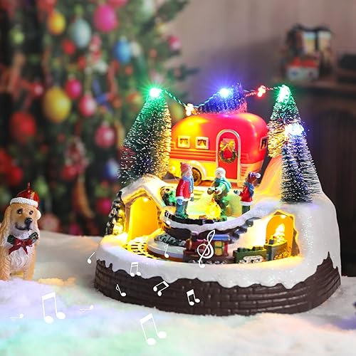 Miniatura 6 de Casa de pueblo de Navidad, edificios coleccionables musicales de Navidad, rotación de tren de hoguera con luces LED, aldea de vacaciones con USB,