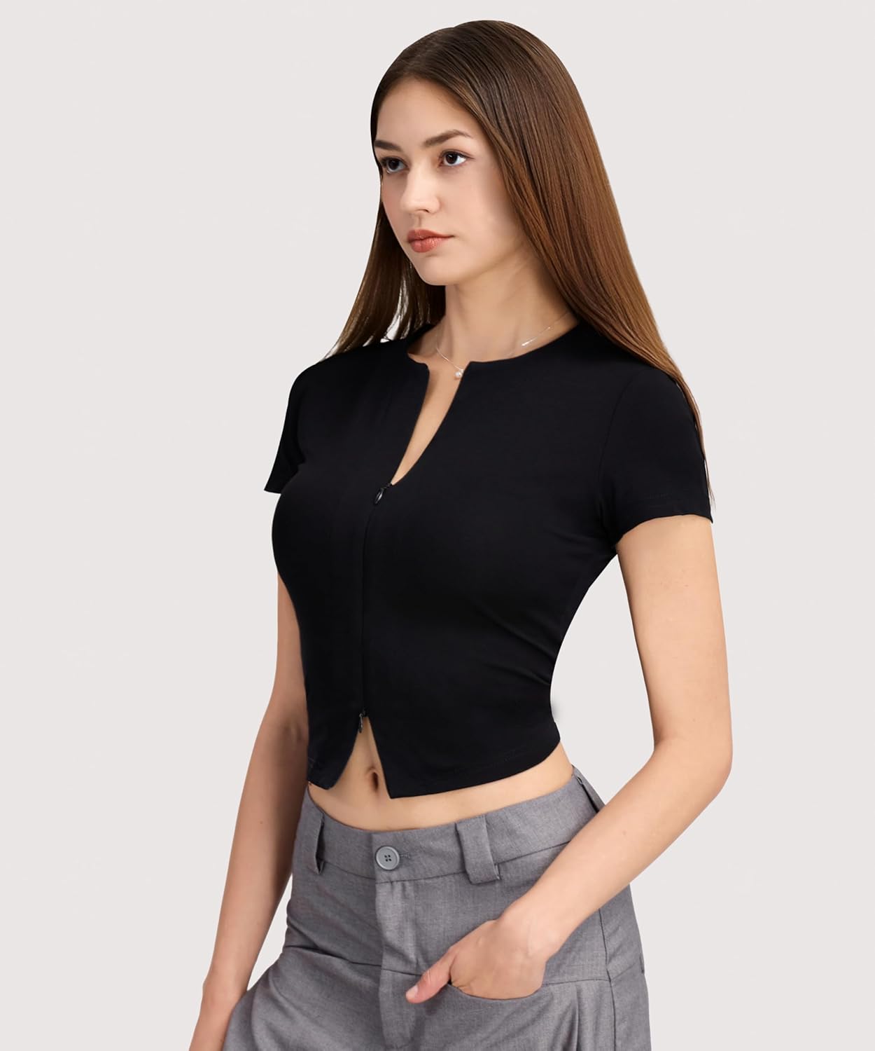 Womens V-Neck Tops Double Zipper Short Sleeve T Shirts Y2K Crop Tops Business Casual Going Out Tops - Image 7