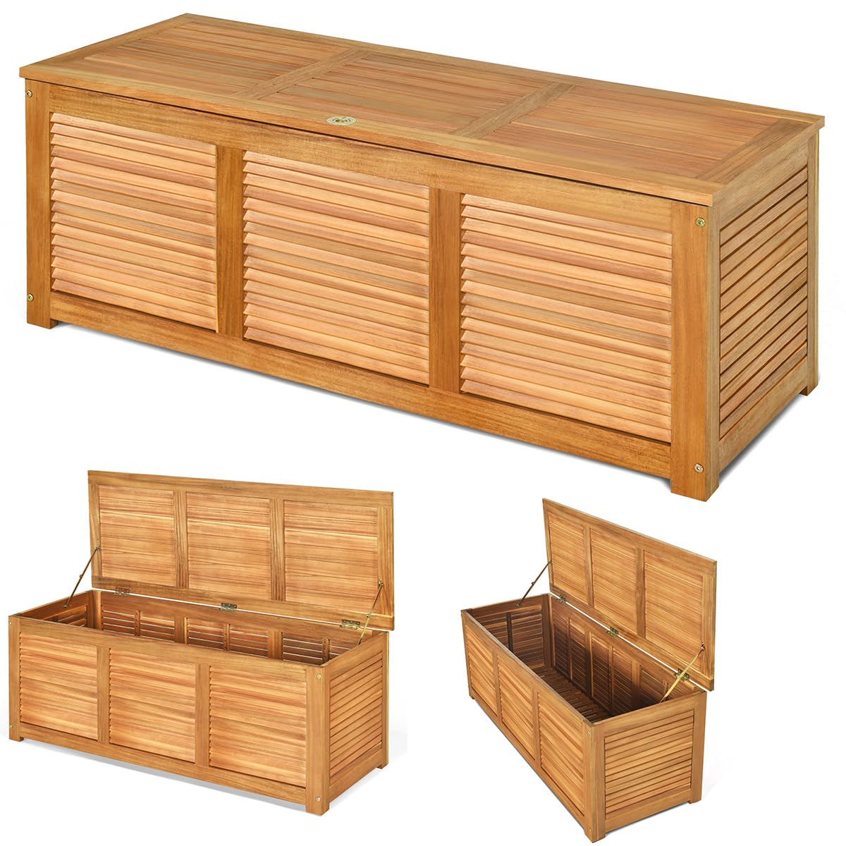 RELAX4LIFE Panca Baule in Legno di Acacia, Scatolone Rialzato a Doghe, Coperchio Ribaltabile con Maniglia ad Anello, Contenitore Portatutto da Interno Esterno, 120x45x45cm (Modello 1)