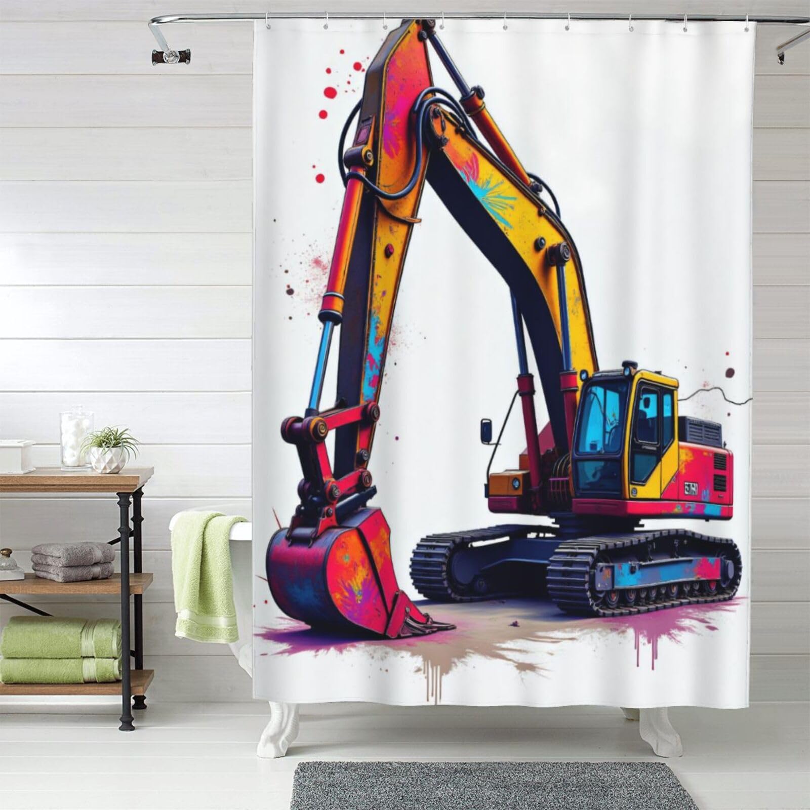 Rideau de douche excavatrice colorée en tissu épais lavable pour salle de bain 152x183 cm