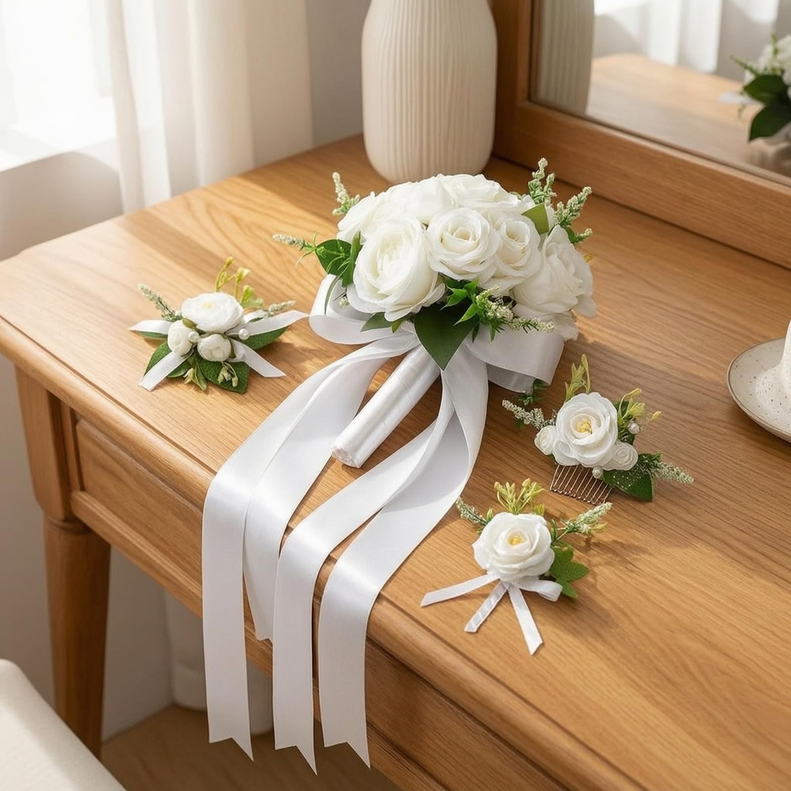 4 Pezzi Bouquet Nuziale Fiori Artificiali Set Matrimonio Composizione Floreale Boutonniere Polsiera Pettinino Leggero con Pettine Metallo Spille