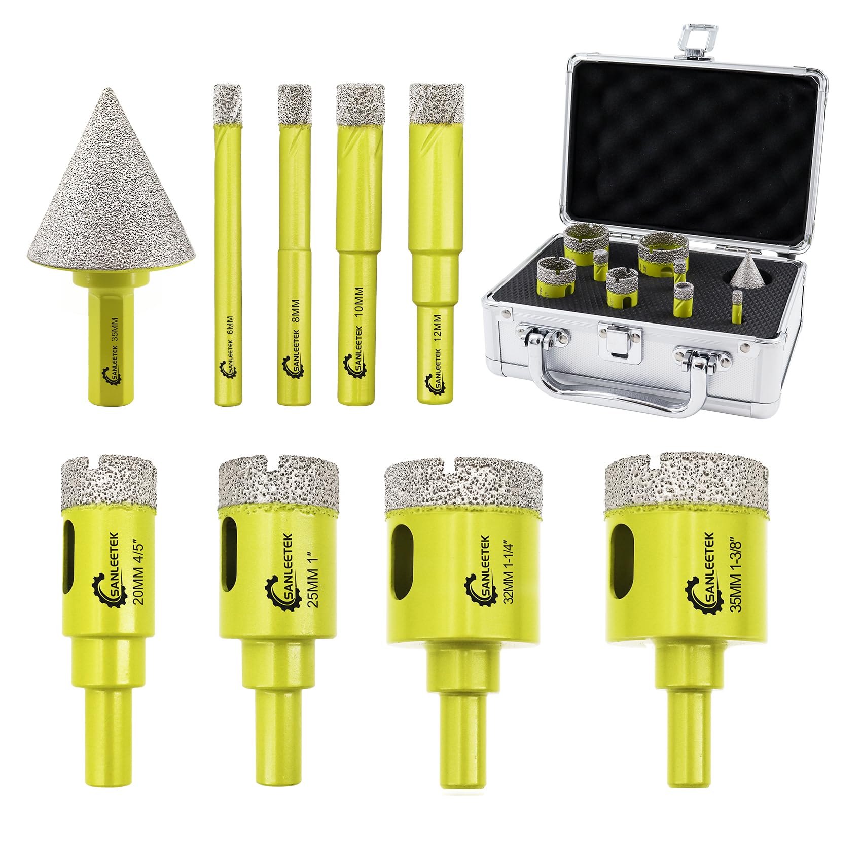 Foret Diamant Carrelage Kit 9Pièces (6/8/10/12/20/25/32/35mm+35mm Queue Hexagonale Mèches de Chanfrein) Scie Cloche avec Tige Ronde pour Céramique Porcelaine Marbre Granit Quartz SANLEETEK