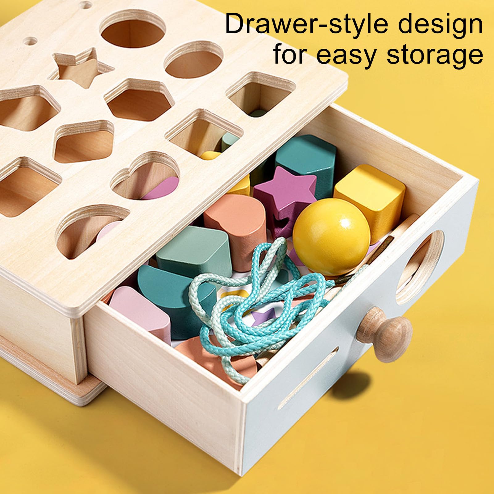 Generisch Shape Sorter Toy, Wood Fine Motor Skills, Easy Grip Lacing Beads Sequencing Game Educational Toy Problem Solving Cognitive Skills Hand Eye, Block Matching Lacing Beads for Boys, Girls