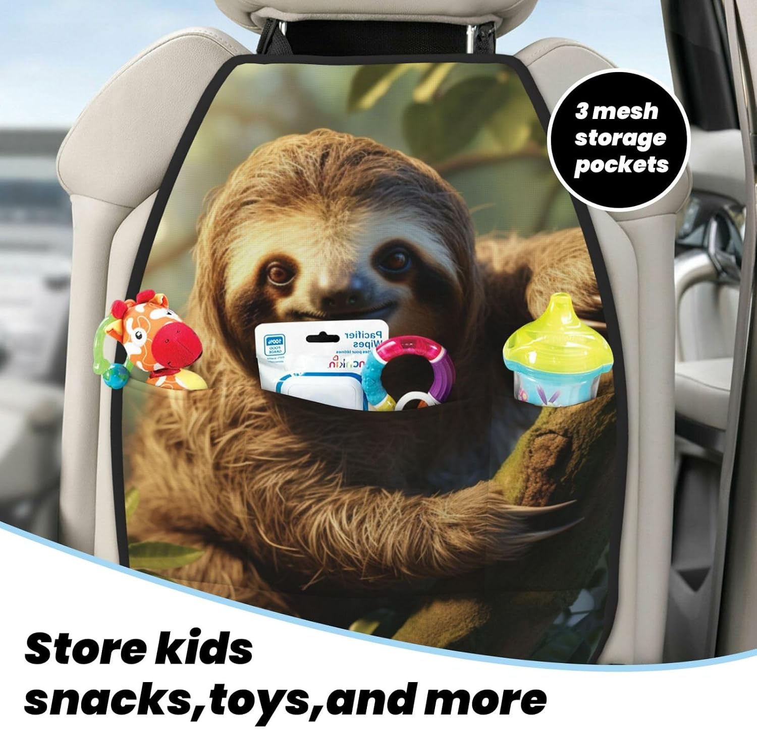 Car Seat Back Kick Protector 2 Pack 18.5x26.4 Inch, Bold Sloth Anti-Kick Pad, Waterproof Oxford Fabric Large Rear Seat Cover for Kids Pets Fits SUV Jeep Truck Sedan
