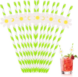 24PCS Daisy Disposable Paper Drinking Straws,Flower Party Straws for Girls Birthday, Wedding, Bridal Shower, Cocktail & Juice Decorations, Pastel Green Party Supplies