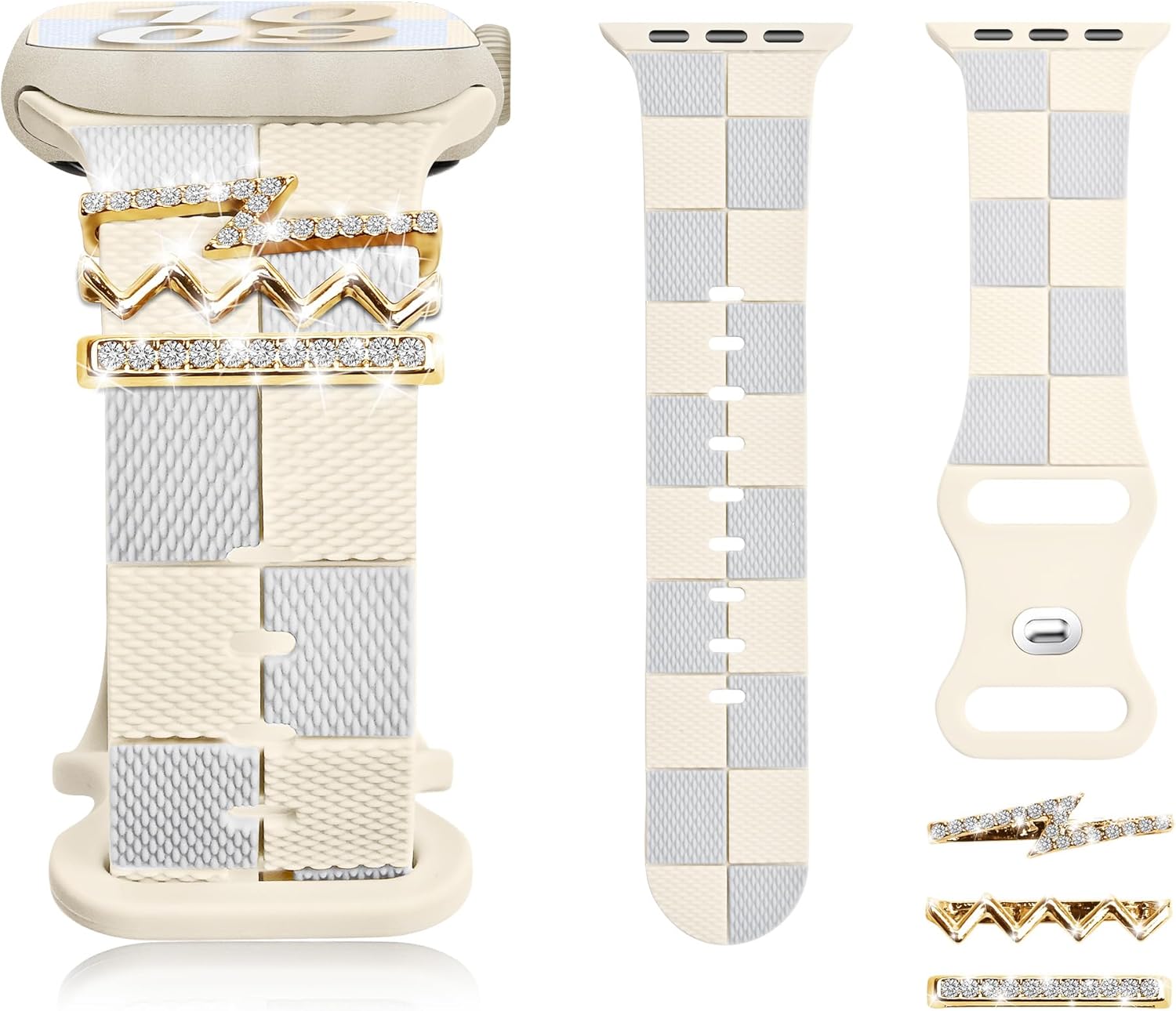 Silicone Strap for Apple Watch Band 41mm Women, Stylish Checkerboard Bracelet with Gold Bling Z Charm for iWatch 40/38mm Series 10(42mm) 9 8 7 6 5 4 3 SE,Designer Sport Wristband for Apple Watch Bands