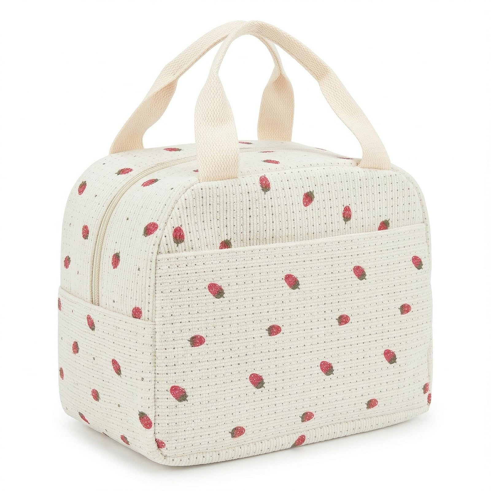 Shudyear Large Capacity Corduroy Insulated Lunch Bag for Women, Reusable Insulated Cooler Lunch Bag, Leak Proof Cooler Bag for Work Travel Picnic School (White - Strawberry)