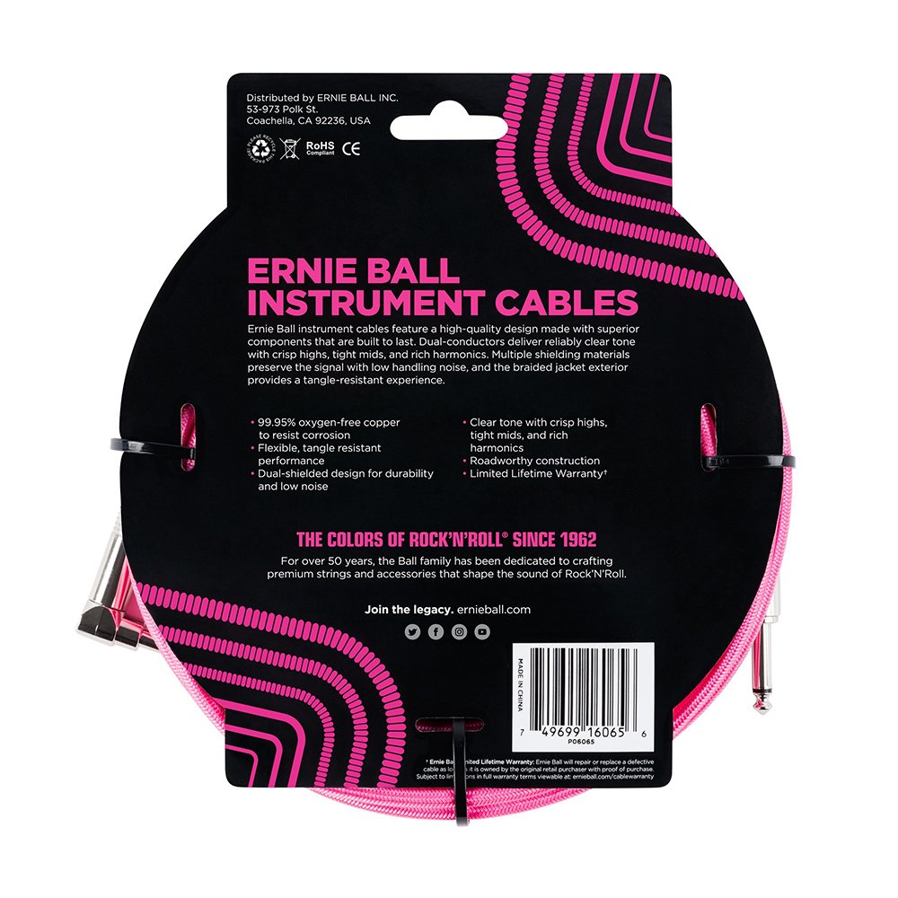 Ernie Ball, Cavo intrecciato per strumenti, dritto / angolato, 7,62 m, rosa neon