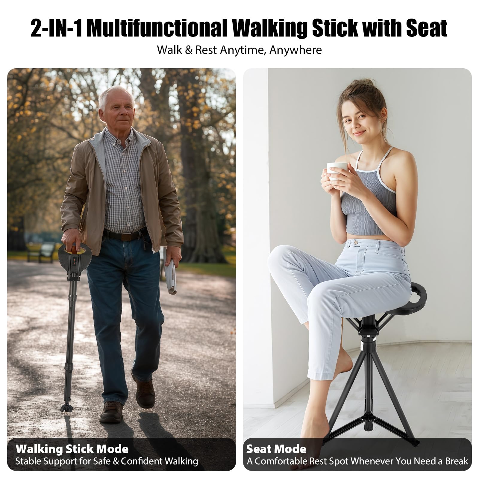 Bastón de paseo con asiento, bastón para personas mayores y adultos, bastón plegable portátil con bolsa de transporte, bastón de senderismo ajustable en altura con capacidad de asiento de 250 kg