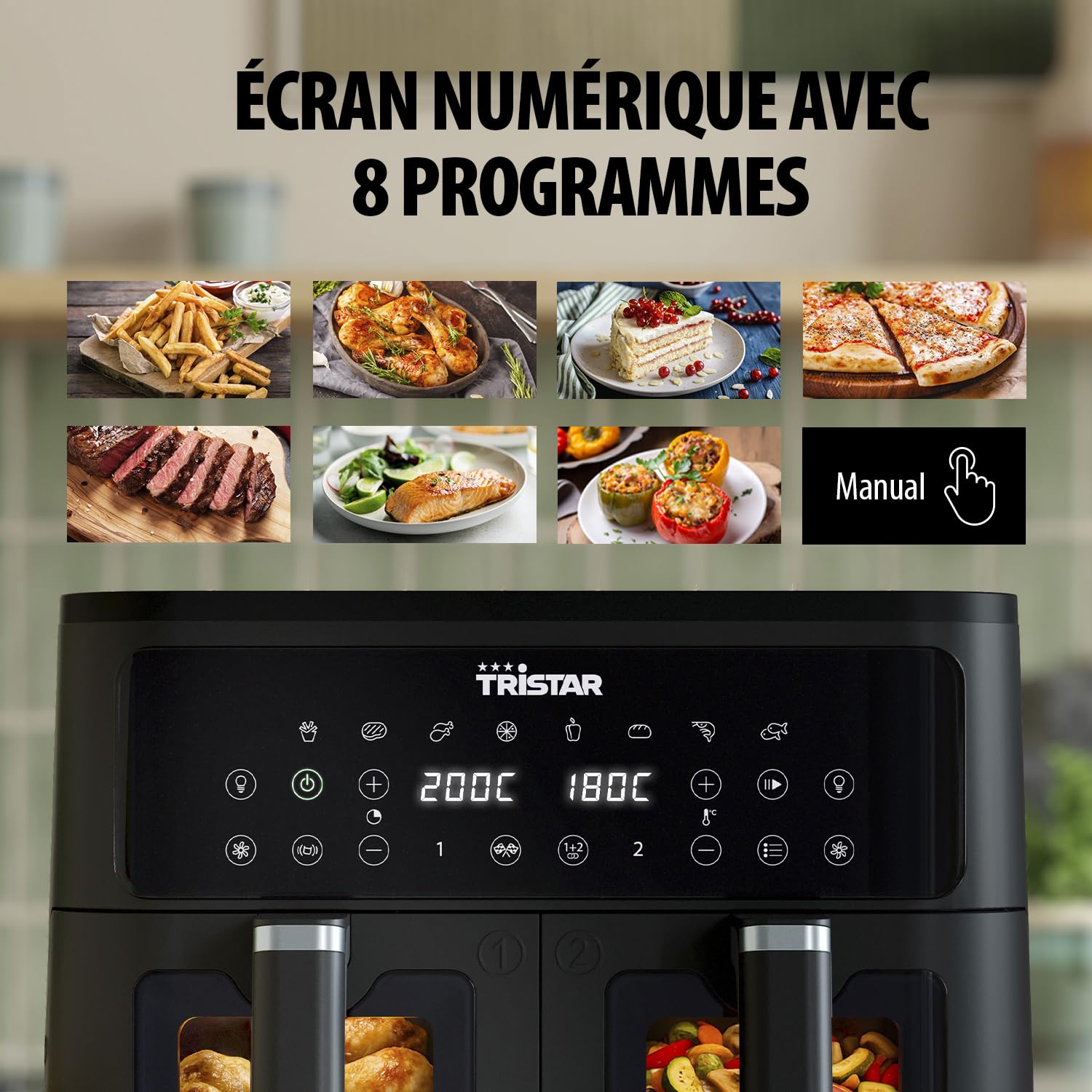 Tristar Friteuse à Air Double Panier, 9 L, 10 Programmes, Écran Tactile, Fenêtres de Cuisson, Sans PFAS, Cuisson Saine Sans Huile, 2500 W, FR-9429, Noir