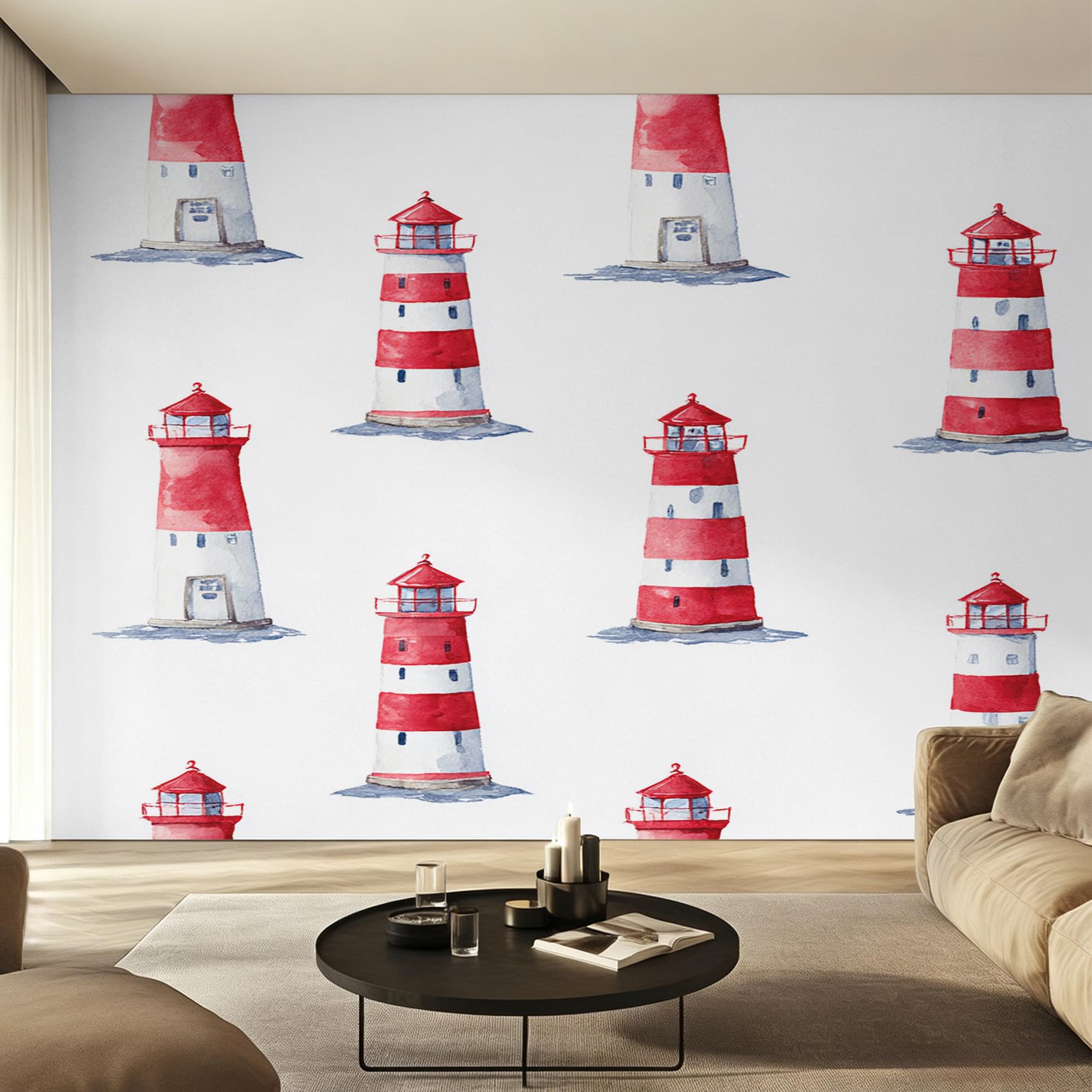 Papier peint panoramique phare aquarelle intissé 150x105 cm