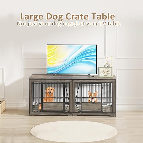 Miniatura 5 de Mueble doble para perrera de 61 pulgadas para 2 perros, soporte de TV con divisor ajustable, jaula resistente para perros de interior con 4 cuencos,