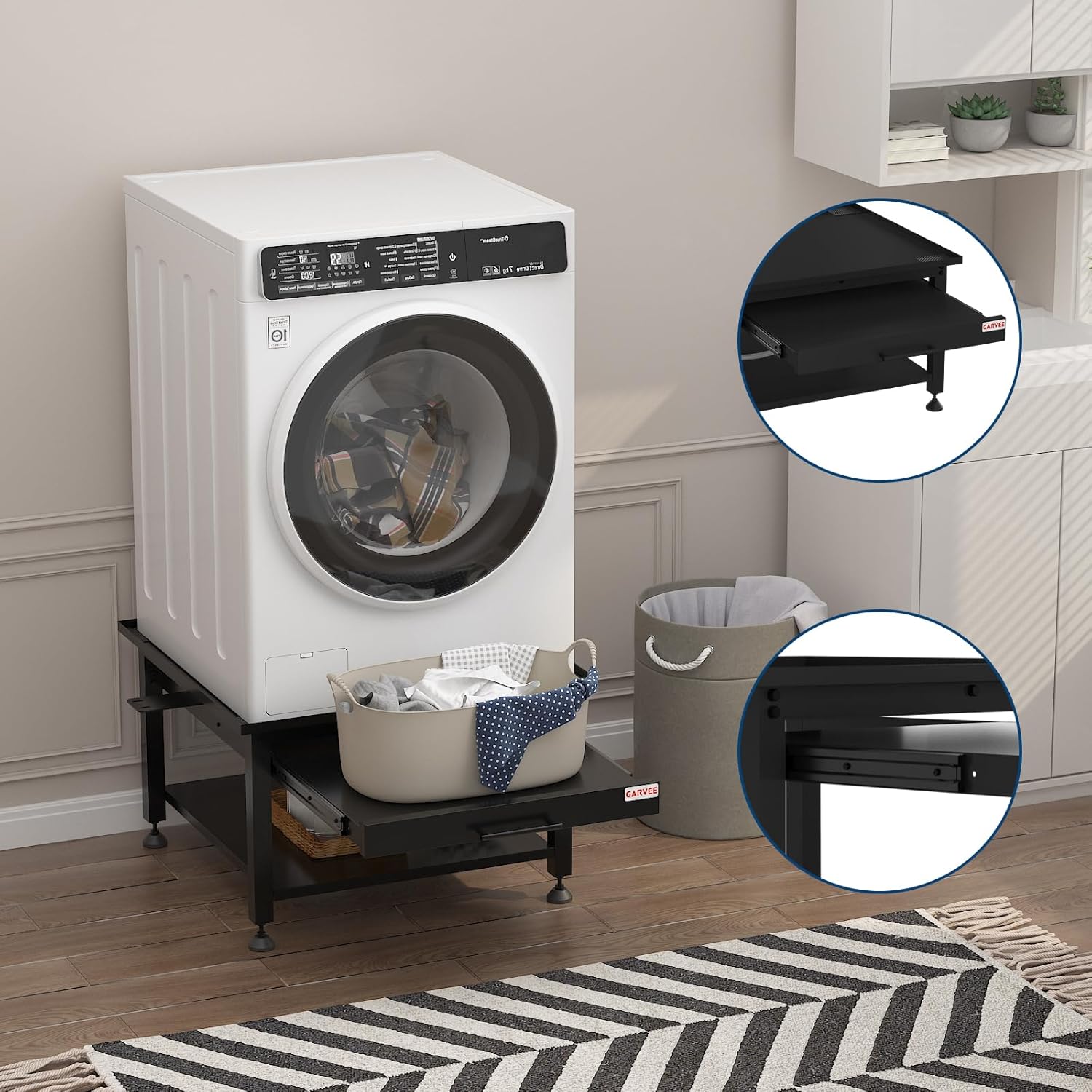 Garvee 24" Wide Washer and Dryer Pedestals with Pullout-Shelf, 21" Hight Laundry Pedestal with Adjustable Anti-Vibration Pads, Drain Pan and Hose, 800 lbs Capacity, Black