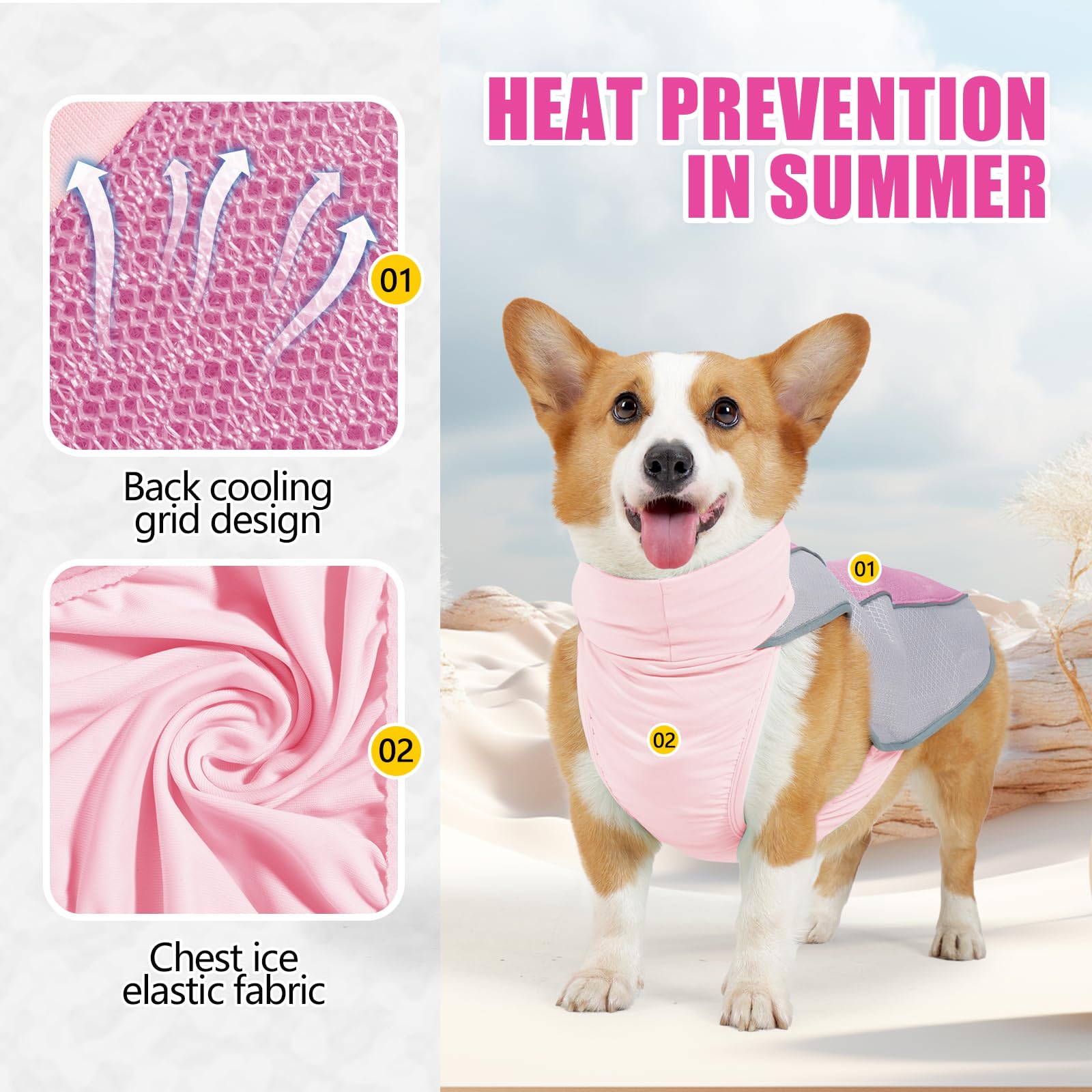 Elehui Dog Cooling Vest,Evaporative Comfortable Dog Cooling Coat,Breathable Pet Cooling Vest,Summer Sun Protection Dog Jacket with Reflective Stripes for Small Medium and Larg (Pink - Image 3