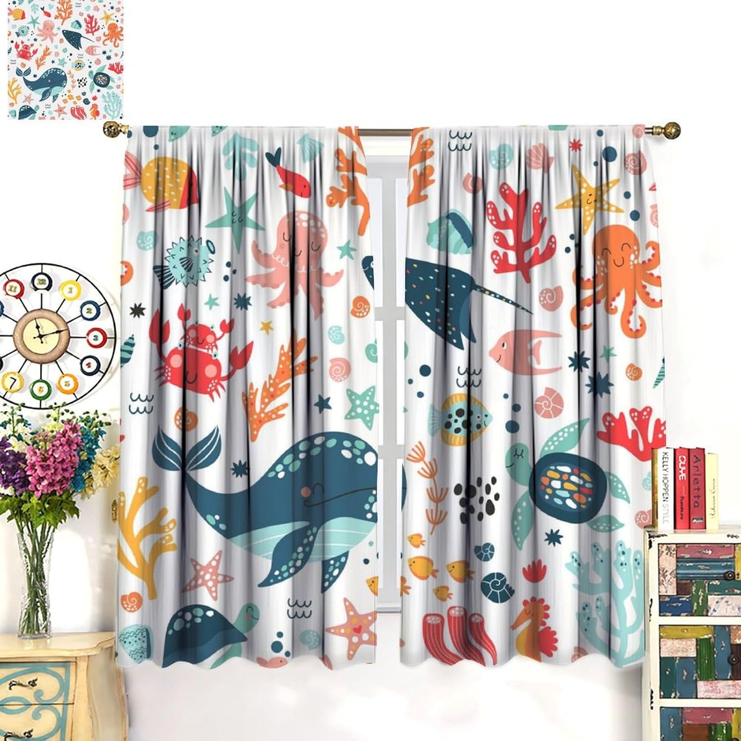 Kids Cute Whale Curtains Funny Cartoon Ocean Animal Octopus Coral Art Printed Blackout Window Drapes for Boys Girls Bedroom Nursery Decor Fabric Set 2 Panel 42x45 Inch 80% Shading Rate