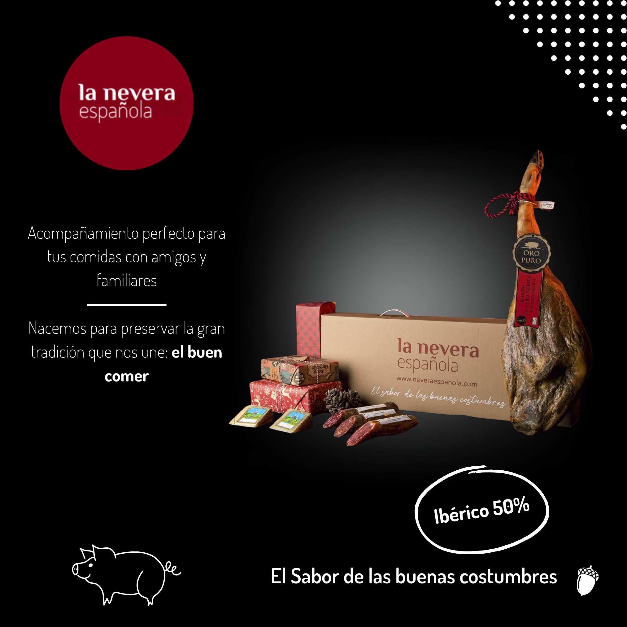 La Nevera Española - Lote Ibérico de Jamón Oro Puro, Chorizo, Lomo, Salchichón y 2 Cuñas de Queso de Oveja - Productos Nacionales - Delantal de Regalo