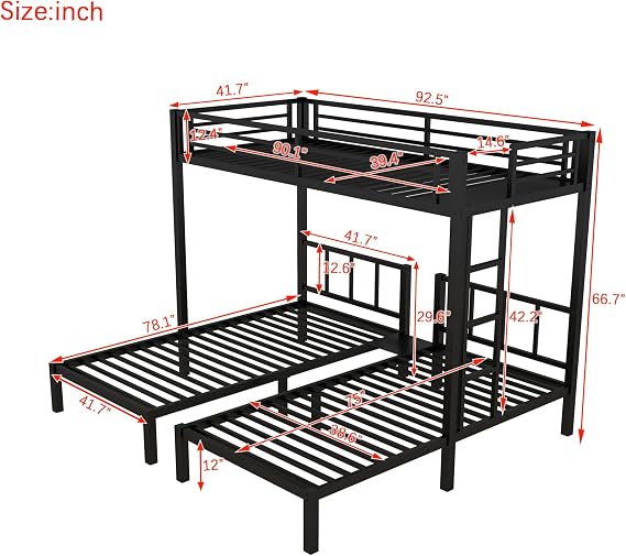 Bellemave Triple Bunk Bed for Kids, Detachable Metal Twin Over Twin Over Twin Bunk Bed with Guardrails, Built-in Ladder, Shelf, Converts to 3 Separate Twin Beds, Easy Assembly, Black
