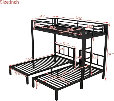 Bellemave Triple Bunk Bed for Kids, Detachable Metal Twin Over Twin Over Twin Bunk Bed with Guardrails, Built-in Ladder, Shelf, Converts to 3 Separate Twin Beds, Easy Assembly, Black