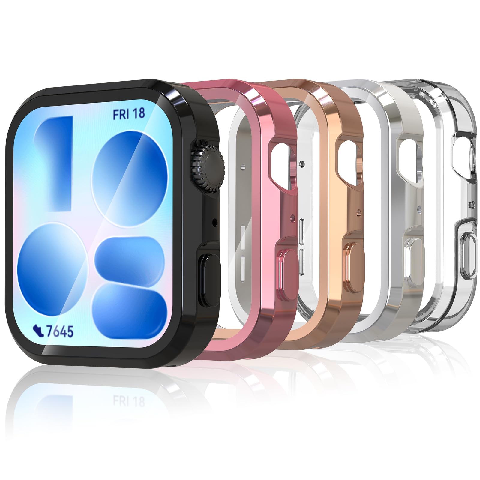 Hianjoo Etui kompatybilne z Huawei Watch Fit 5, etui ochronne na zegarek Fit 5, odporne na zarysowania, miękkie, lekkie etui z tworzywa TPU, przezroczyste, czarne, srebrne, różowe, różowe złoto, 5 szt