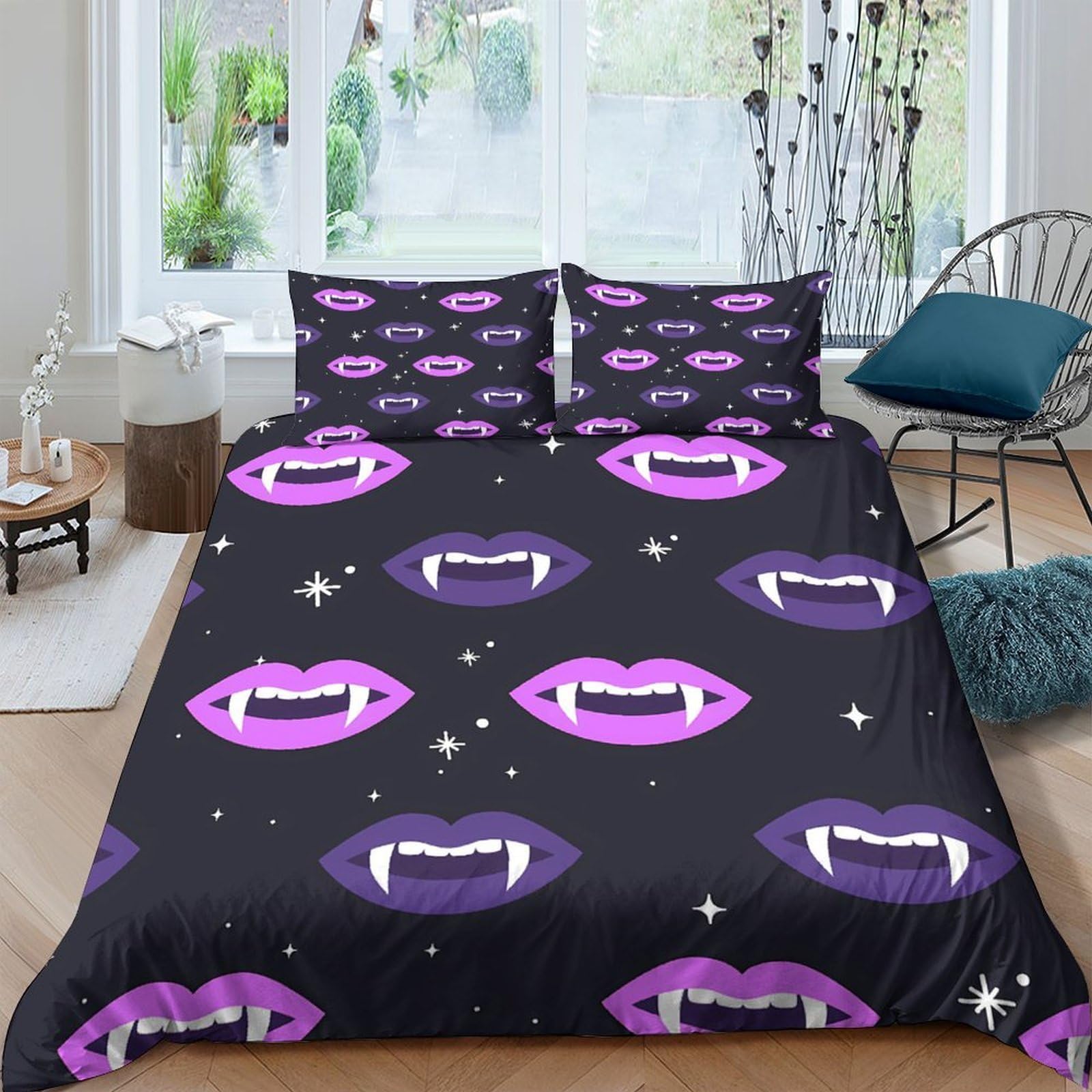 Ctjqhvkz Style-4 3D Printed Vampire Lips Fitted Sheet Microfiber Soft Black Gothic Fang Pattern Bed Cover For Bedroom Dorm Mattress Protection Single（135X200cm）