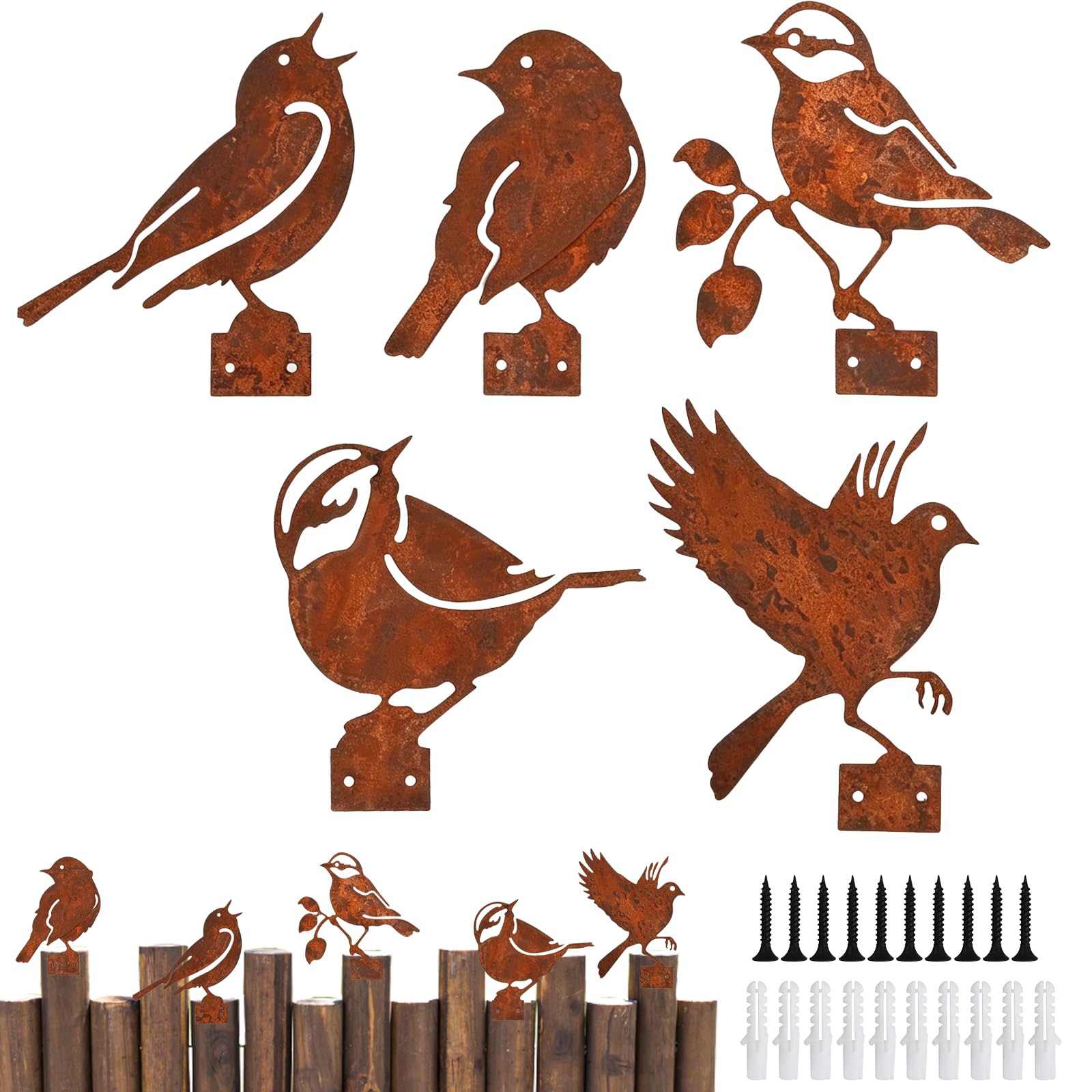 Kemay 5 Pcs Metal Bird Garden Ornaments Outdoor, Rusty Bird Silhouette Fence Toppers, Decorative Metal Garden Decorations for Yard, Fence, Patio, Weatherproof Garden Sculptures and Statues