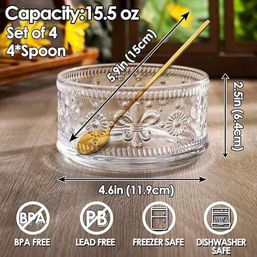 Miniatura 3 de Tazón de vidrio de 4 cuencos para helado, cuenco de vidrio de 15.5 onzas para servir postre con cuchara dorada para postre, helado, cereales, pudín