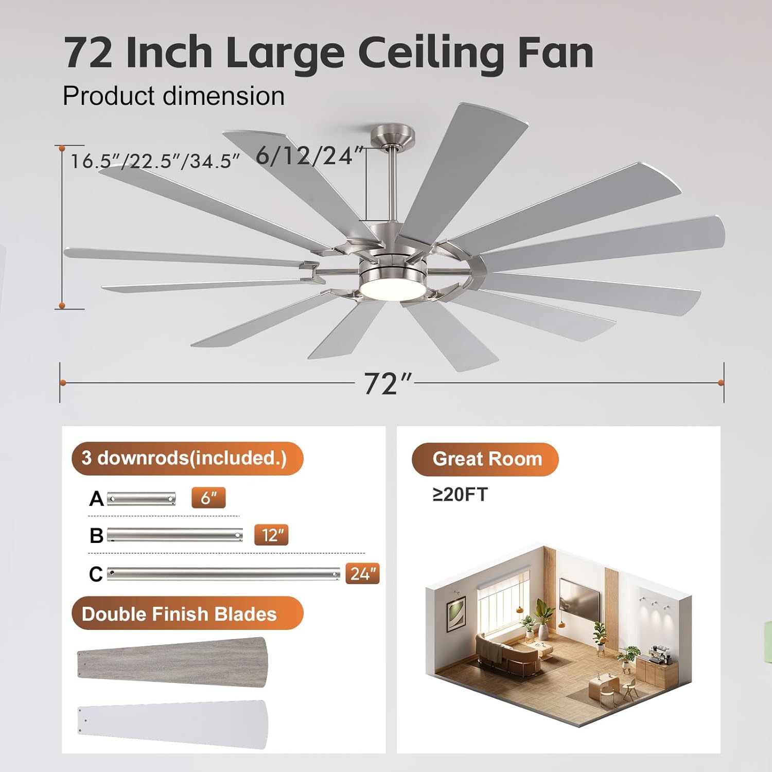 72 inch Large Ceiling Fans with Lights, Outdoor Ceiling Fans with Light for Patio, Modern Industrial Reversible Quiet DC Ceiling Fan, High CFM Damp Rated Ceiling Fan for Shop Gym Patios