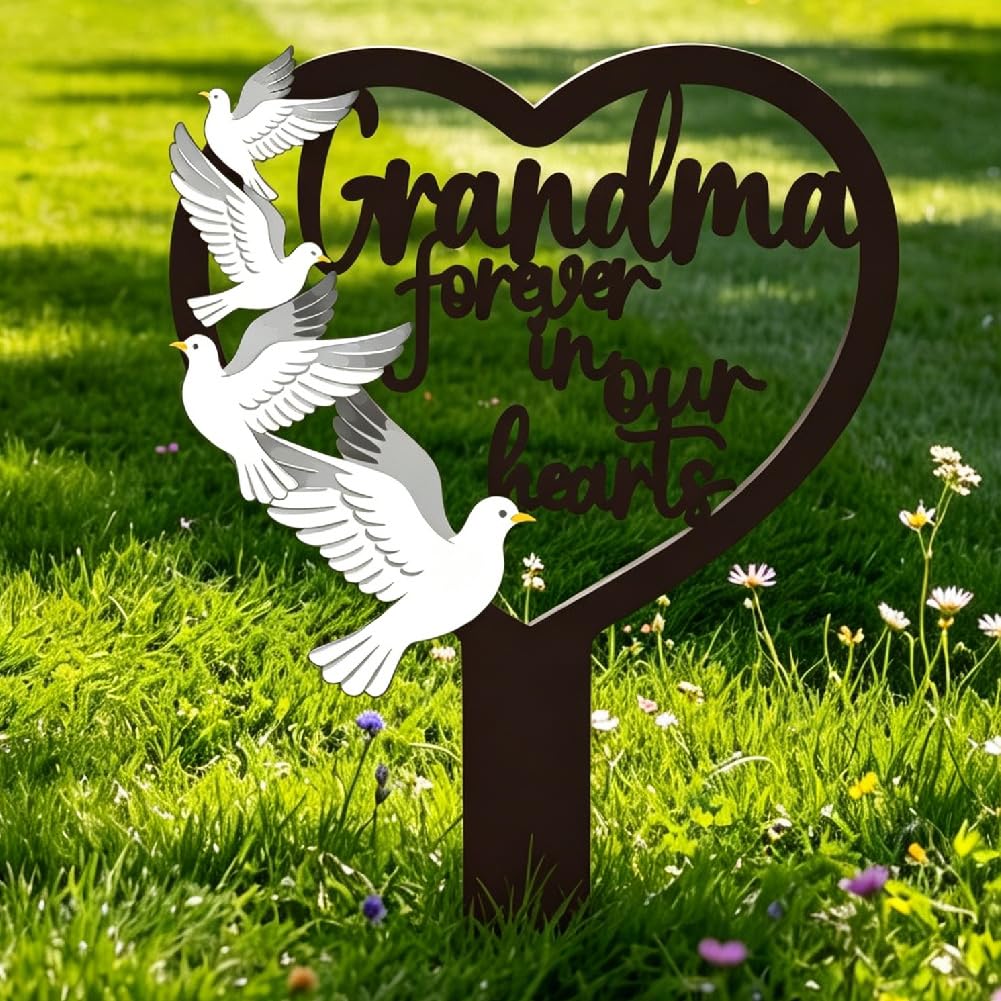 PRESSINART Forever in Our Hearts Grandma Grave Marker 8.7 x 5.9 x 0.04 Inch, Grandma Cemetery Stake Black Metal Pigeon Design Memorial Plaque Sign for Loss of Family Decoration