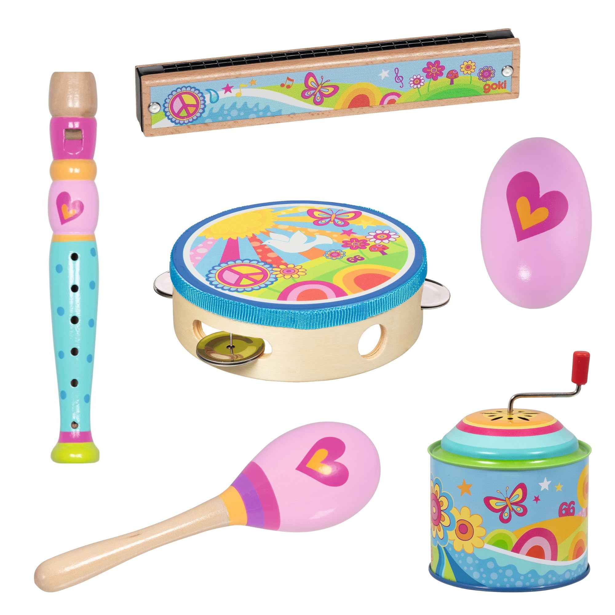 goki 6640 - Musikset rosa mit 6 Teilen, Einsteiger Musikinstrumente Spieldose, Mundharmonika, Tamburin, Blockflöte, Maracas, Egg Shaker, buntes goki66 Design, musikalisch Förderung ab 3 Jahre