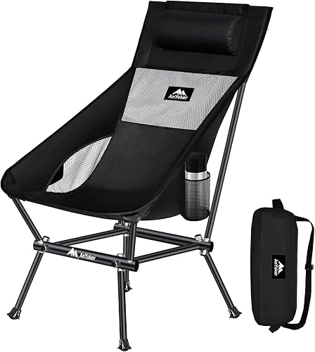 AnYoker Silla de camping, silla de mochilero compacta, silla plegable portátil, silla de playa con bolsillo lateral y reposacabezas, silla de