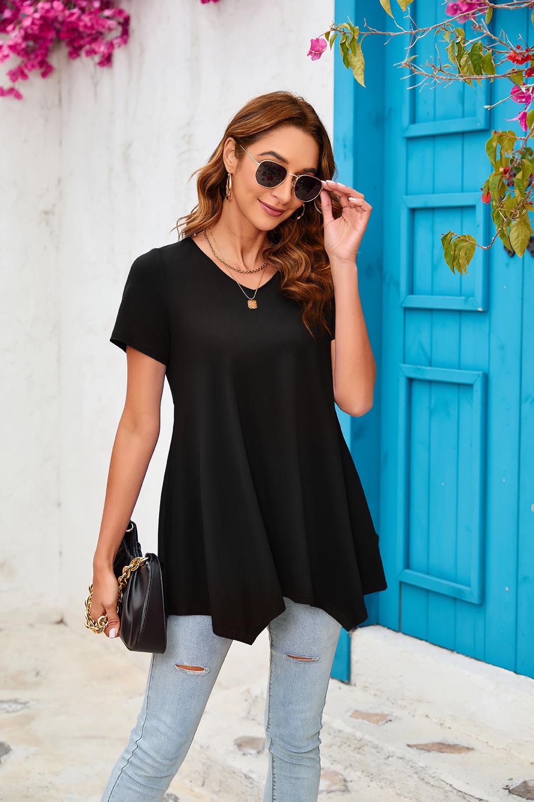 Enmain Damskie tuniki topy lato dekolt w serek koszulka z krótkim rękawem damskie tuniki na legginsy na co dzień elegancka elegancka tunika styl koszule bluzka swing top