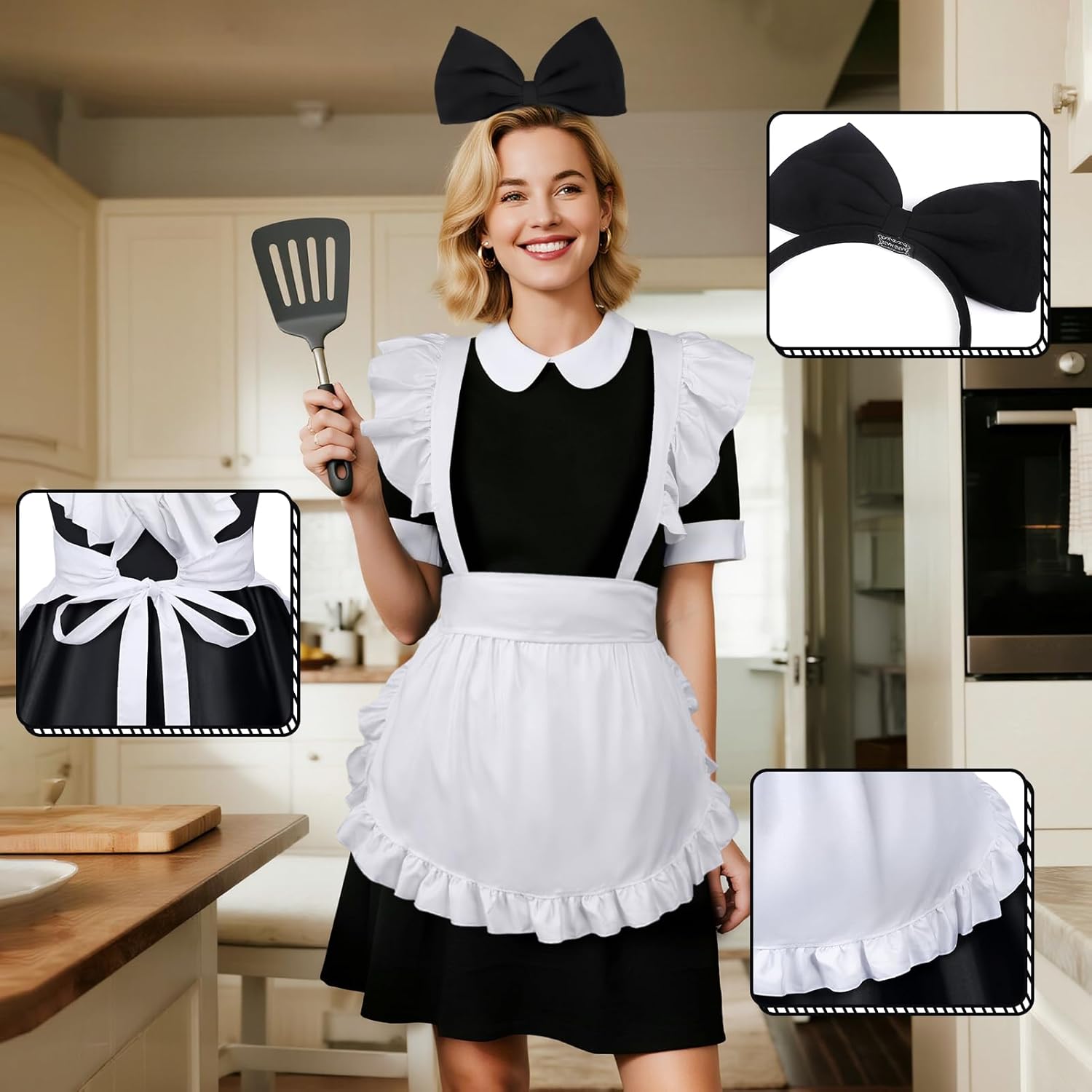 White Apron for Women Maid Apron with Bow Headband Set for Halloween Theme Party - Image 3
